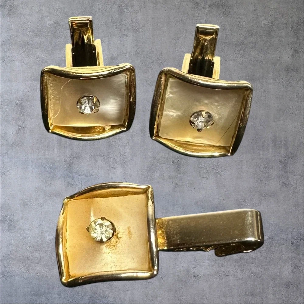 Vintage Gold Tone Cufflinks Tie Bar Set MOP Rhinestone Square